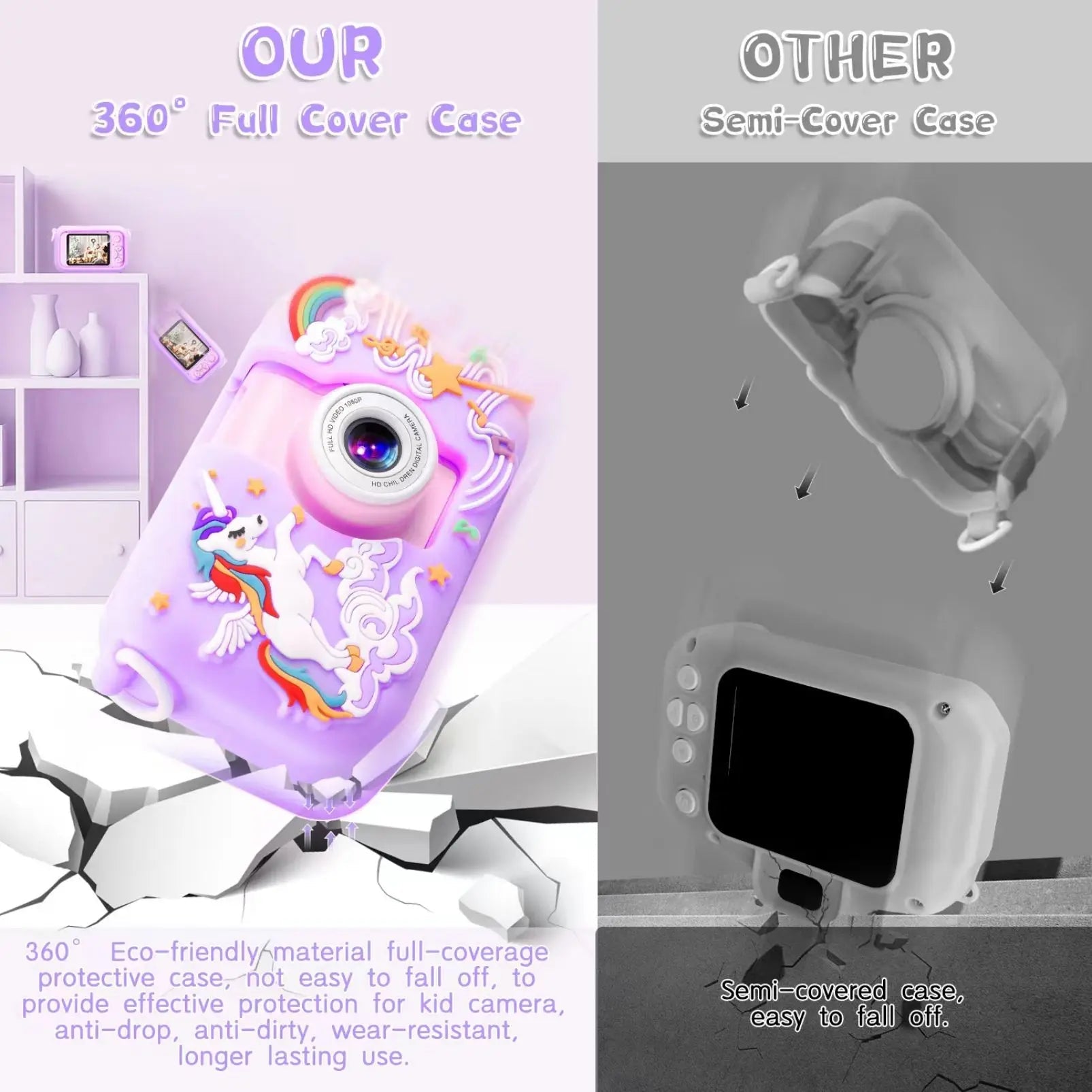 ARNSSIEN kids digital camera with 180° flip lens, 2.4-inch LCD, and protective silicone case